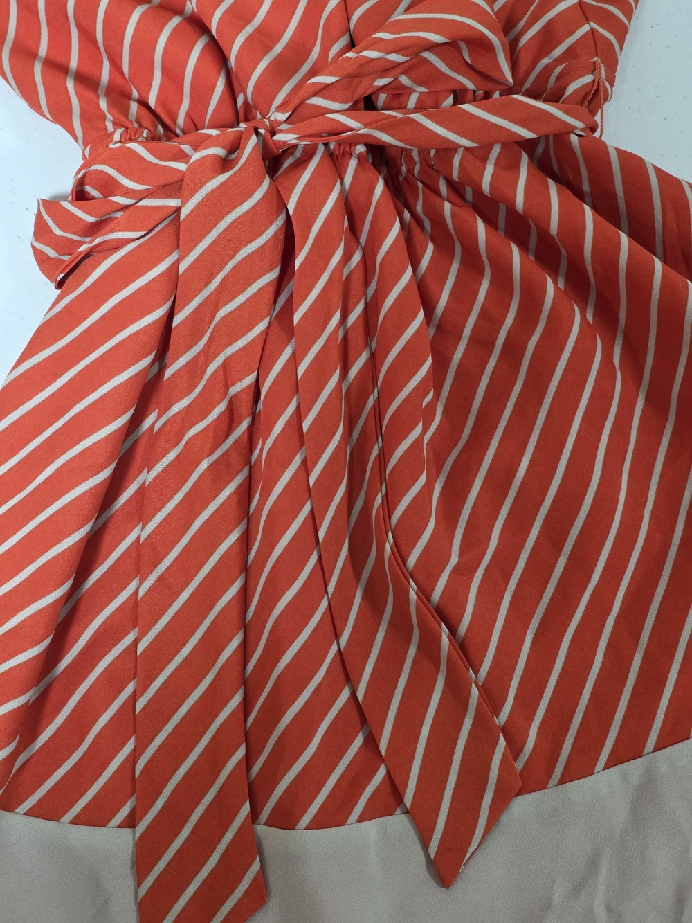 Express Coral Stripe Halter Fit & Flare Dress Tie Waist Keyhole Neckline | Sz S - Picture 4 of 12